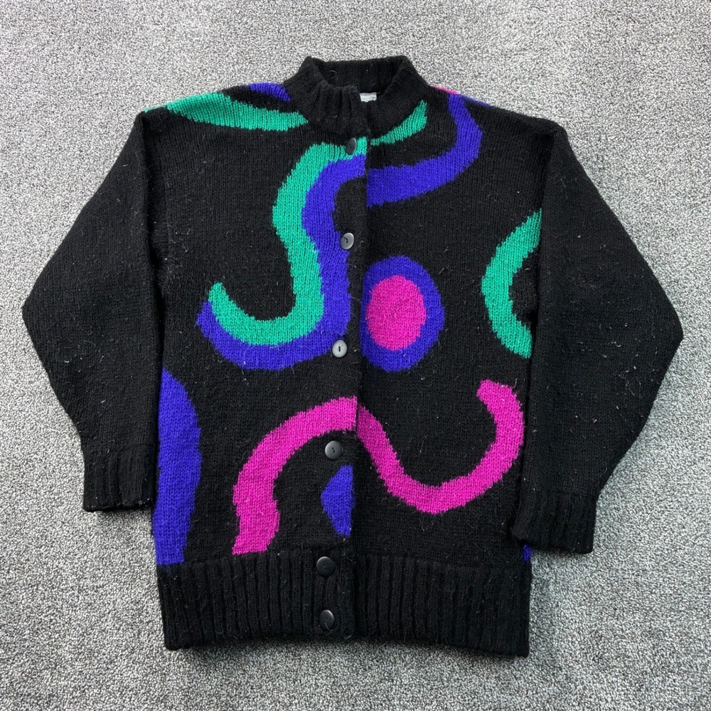 Vintage Jayce Cardigan Sweater Women's Medium Black Abstract Pattern Knit Button
